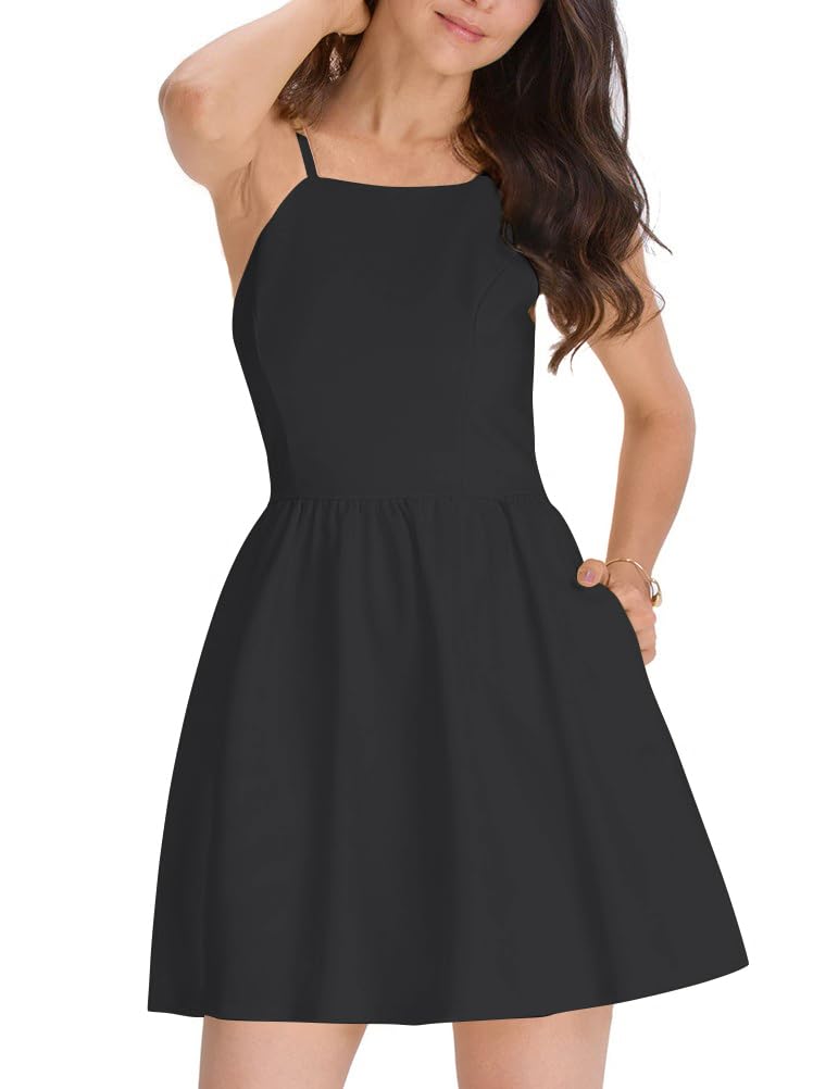 FANCYINN Women's Black Short Dress Spaghetti Strap Backless Mini Skater Black Dresses M - Image 2